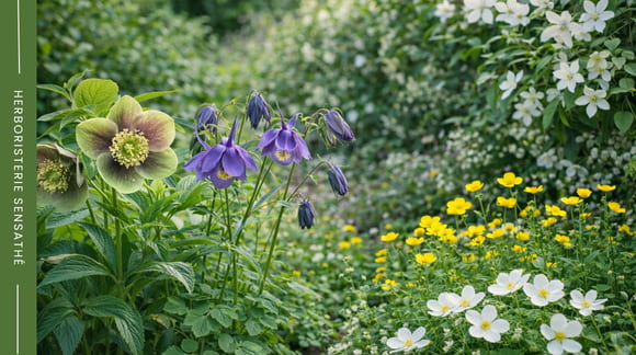 Plantes de la famille des Ranunculacées au jardin avec hellébore, clématite, ancolie et renoncules - Herboristerie Sensathé